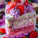 No-bake Unicorn Strawberry Split Cake with vibrant colors and fresh strawberries