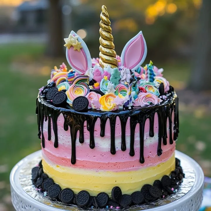 Colorful Unicorn Oreo Cheesecake Drip Cake decorated with vibrant sprinkles