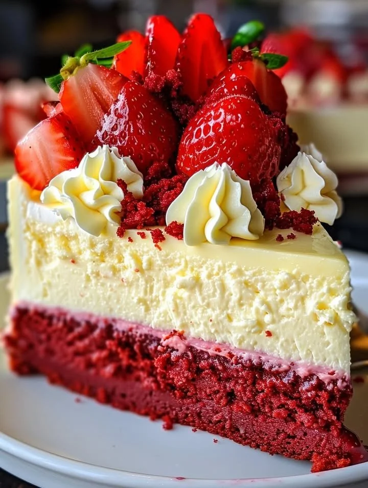 Unicorn Strawberry Red Velvet Cheesecake topped with fresh strawberries and whipped cream.