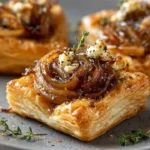 Upside-down feta and caramelized shallot puff tarts on a serving plate.