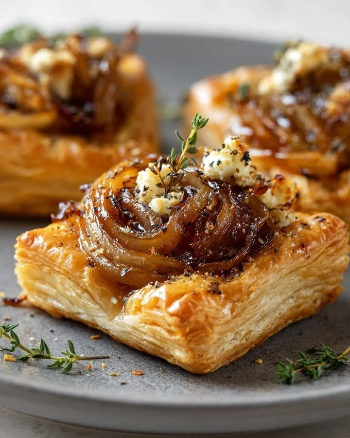 Upside-down feta and caramelized shallot puff tarts on a serving plate.