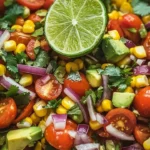 Vibrant avocado corn tomato salad in a bowl, showcasing fresh ingredients.
