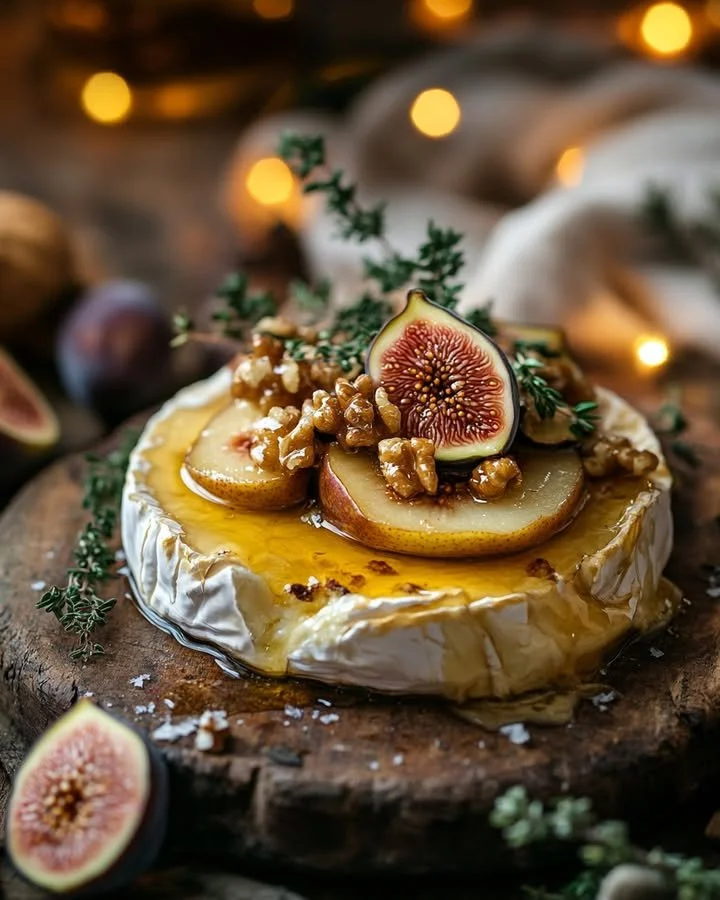 Warm Brie topped with roasted holiday fruits, served on a festive platter.