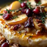Warm Brie served with roasted winter fruits, a perfect festive appetizer.
