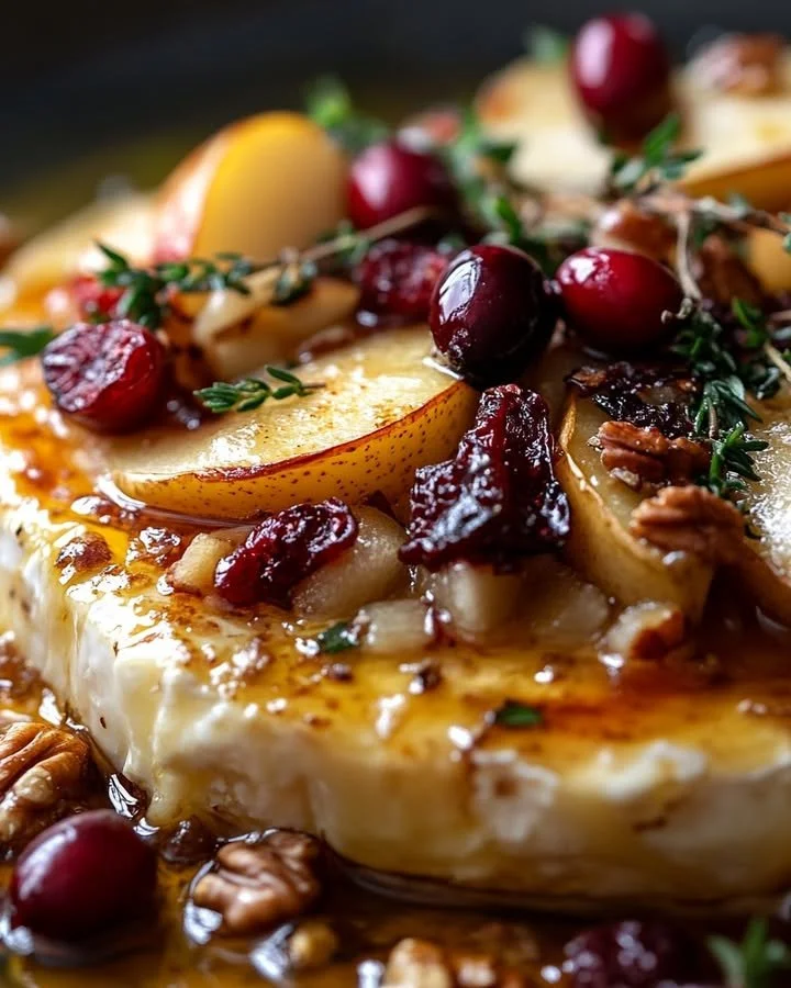 Warm Brie served with roasted winter fruits, a perfect festive appetizer.