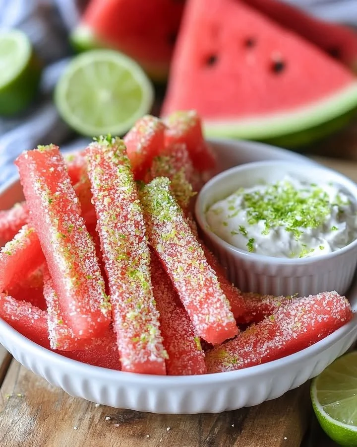 Watermelon fries with a coconut lime dip, a refreshing summer treat.