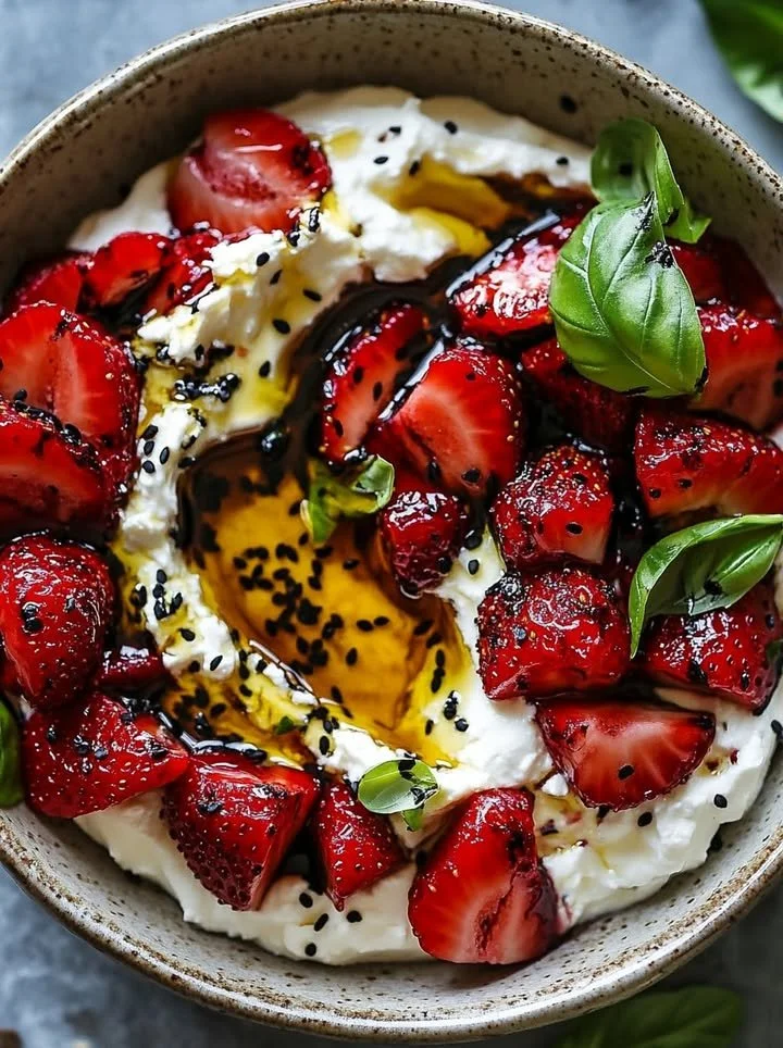 A bowl of whipped feta topped with roasted strawberries, served with crackers.