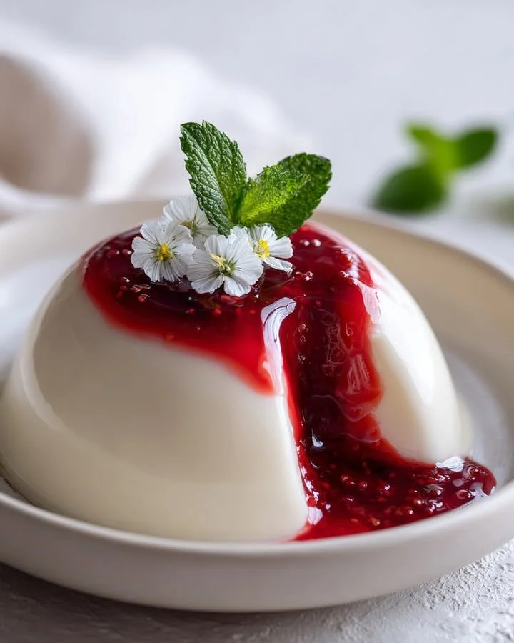 White Burrata Panna Cotta with liquid raspberry core dessert