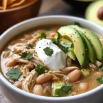 Delicious bowl of white chicken chili topped with cilantro and lime