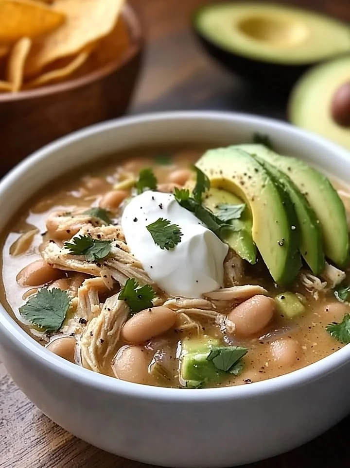 Delicious bowl of white chicken chili topped with cilantro and lime