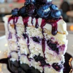 Slice of white chocolate blueberry cake with fresh blueberries on top