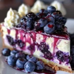 Delicious white chocolate blueberry cheesecake topped with fresh blueberries.