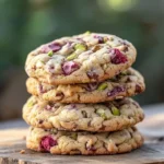 Delicious white chocolate raspberry pistachio cookies on a plate