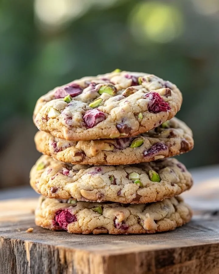Delicious white chocolate raspberry pistachio cookies on a plate