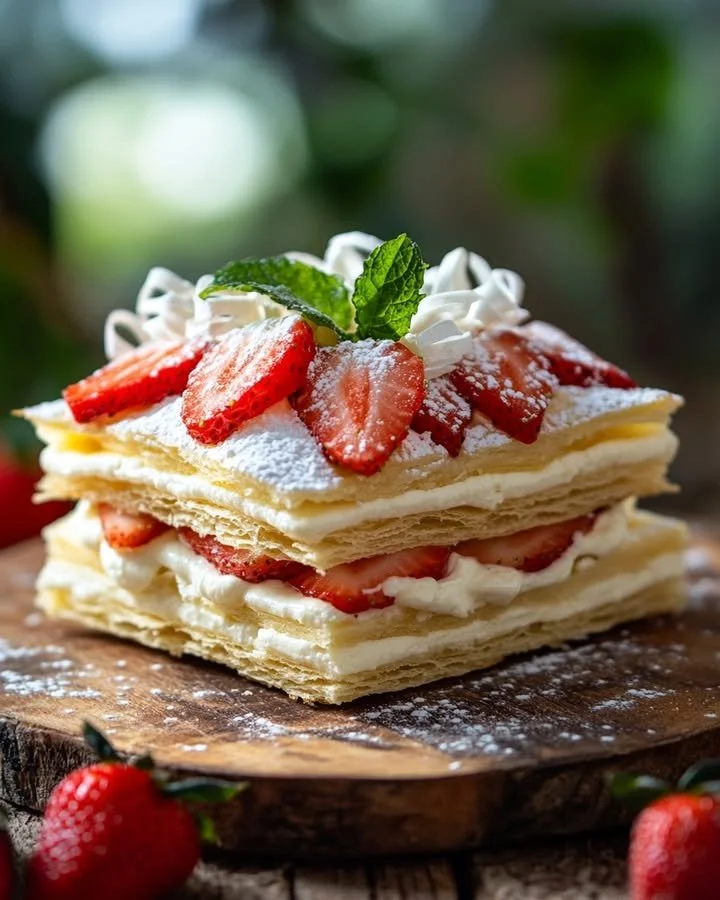 White Chocolate Strawberry Millefeuille dessert with layers of cream and strawberries