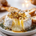 Whole baked camembert with hot honey and pistachio crunch on a serving board.