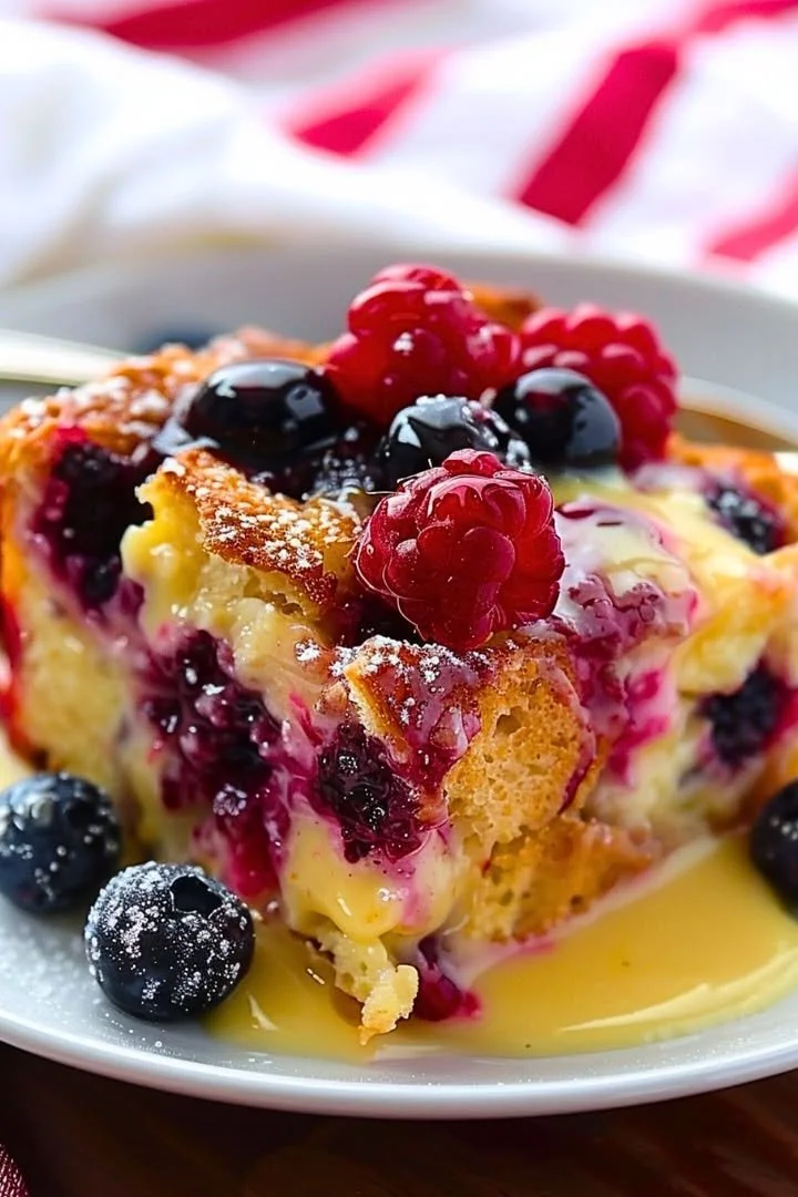 Wild Berry Bread Pudding with Orange Sauce served on a plate