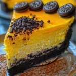 Slice of Yellow Velvet Oreo Cheesecake with Oreo cookie topping