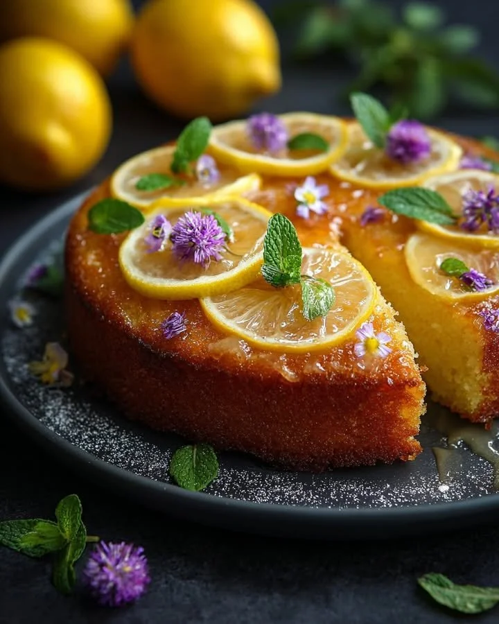 Zesty lemon polenta cake with thyme syrup served on a plate