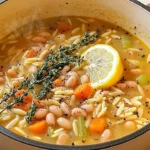 Bowl of Zesty Lemon White Bean Orzo Soup garnished with herbs and lemon slices