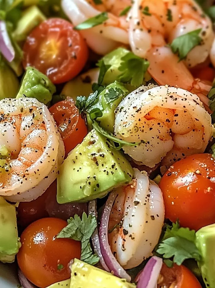 Zesty lime shrimp and avocado salad in a bowl with fresh ingredients.