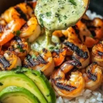 Zesty shrimp avocado rice bowls with cilantro lime sauce in a bowl.
