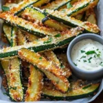Oven-baked zucchini fries served with dipping sauce on a plate