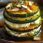 Zucchini rounds topped with goat cheese and almond thyme honey drizzle