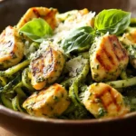 Bowl of zucchini noodles topped with pesto sauce and grilled chicken