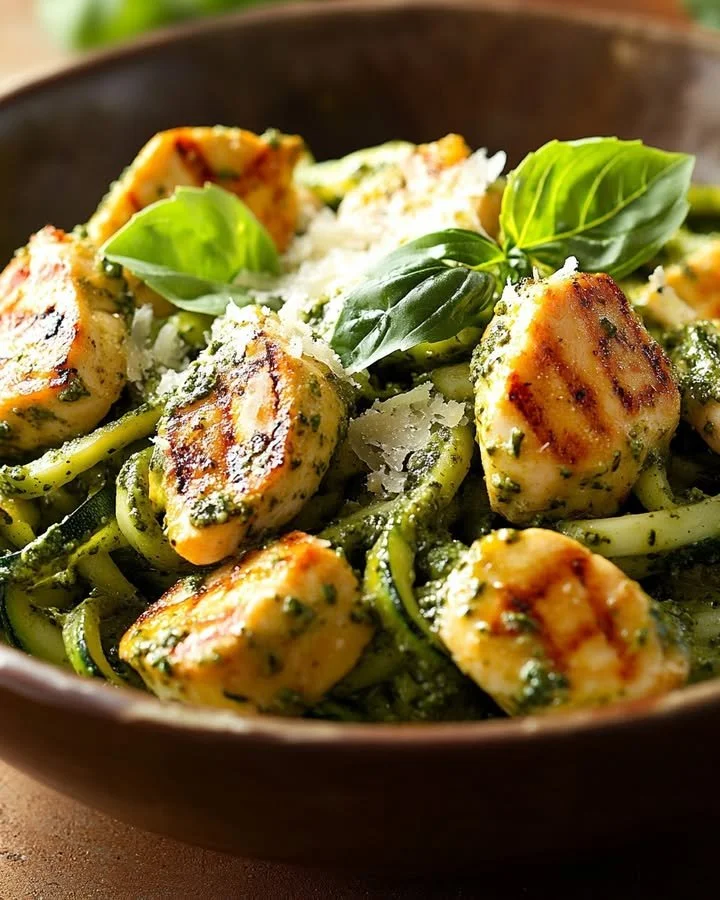 Bowl of zucchini noodles topped with pesto sauce and grilled chicken