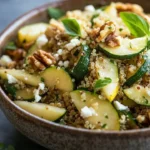 Zucchini and Roasted Pear Quinoa Salad in a bowl with fresh ingredients